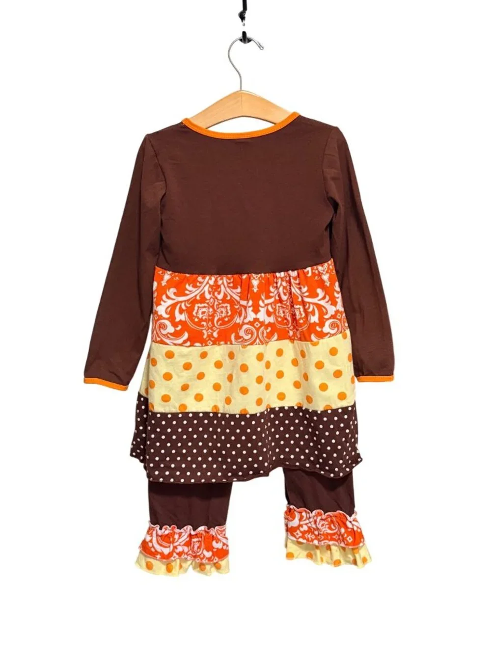 Happy Fall Yall Girls XL/4T Pumpkin Outfit Brown Orange Polka Dot Ruffle Set